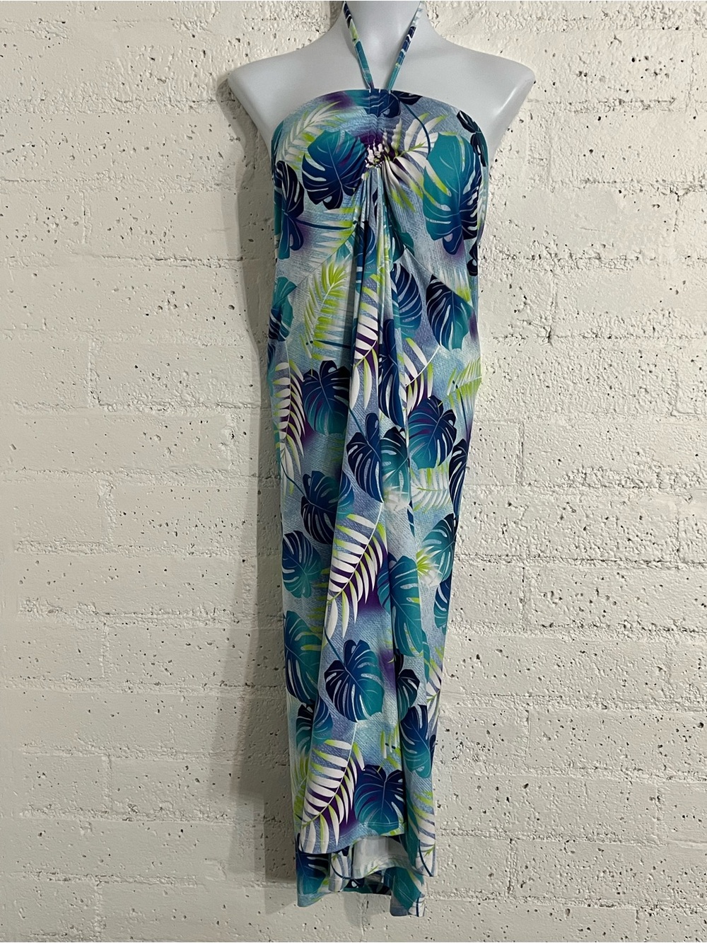 Pacific Trail Womens Halter Dress XL Blue Tropical Leaf Stretch Resortwear B5S